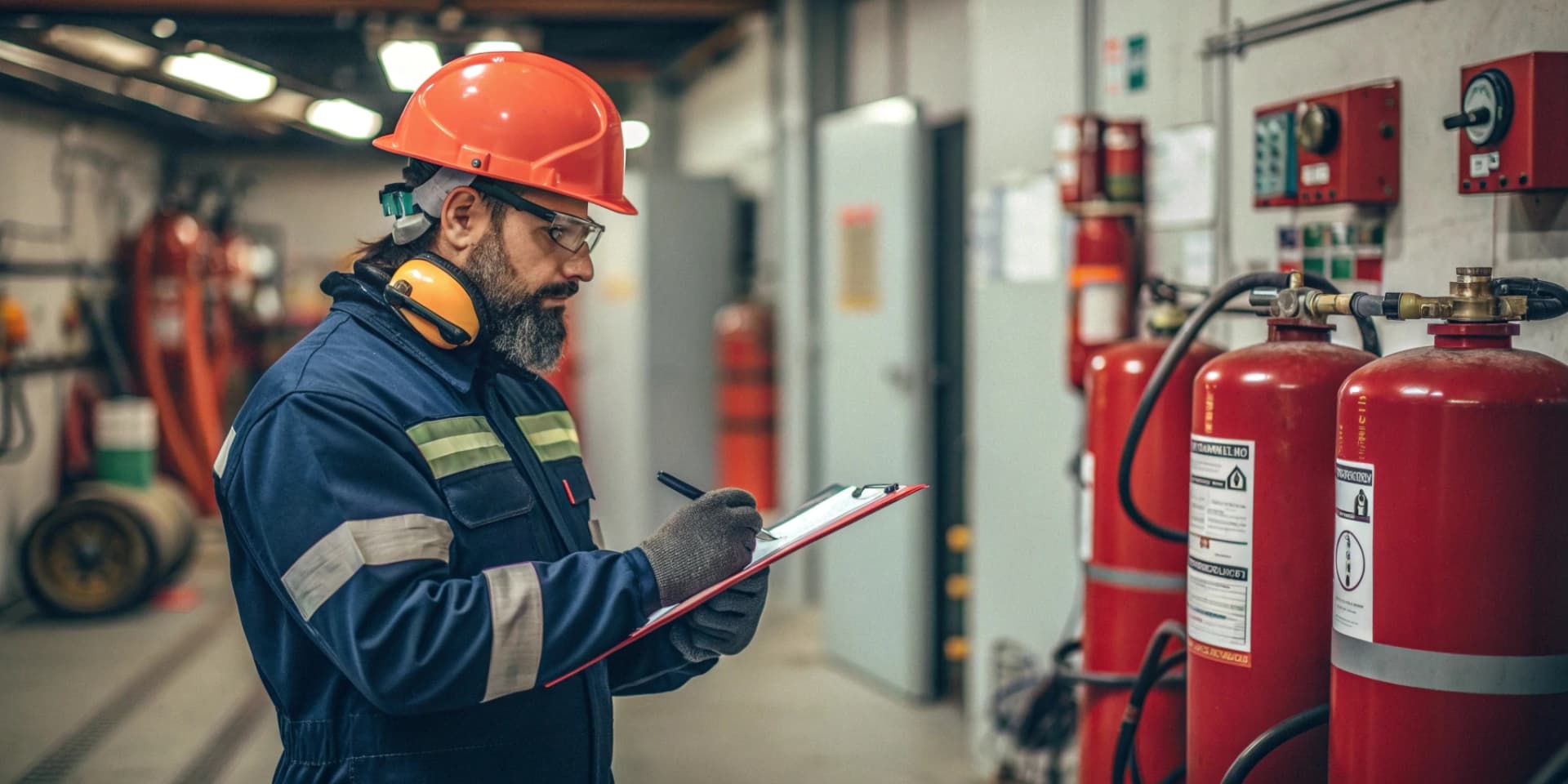 Safety professional inspecting fire protection equipment