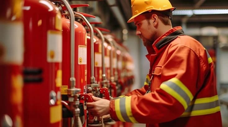 Fire safety engineer inspecting a fire protection system