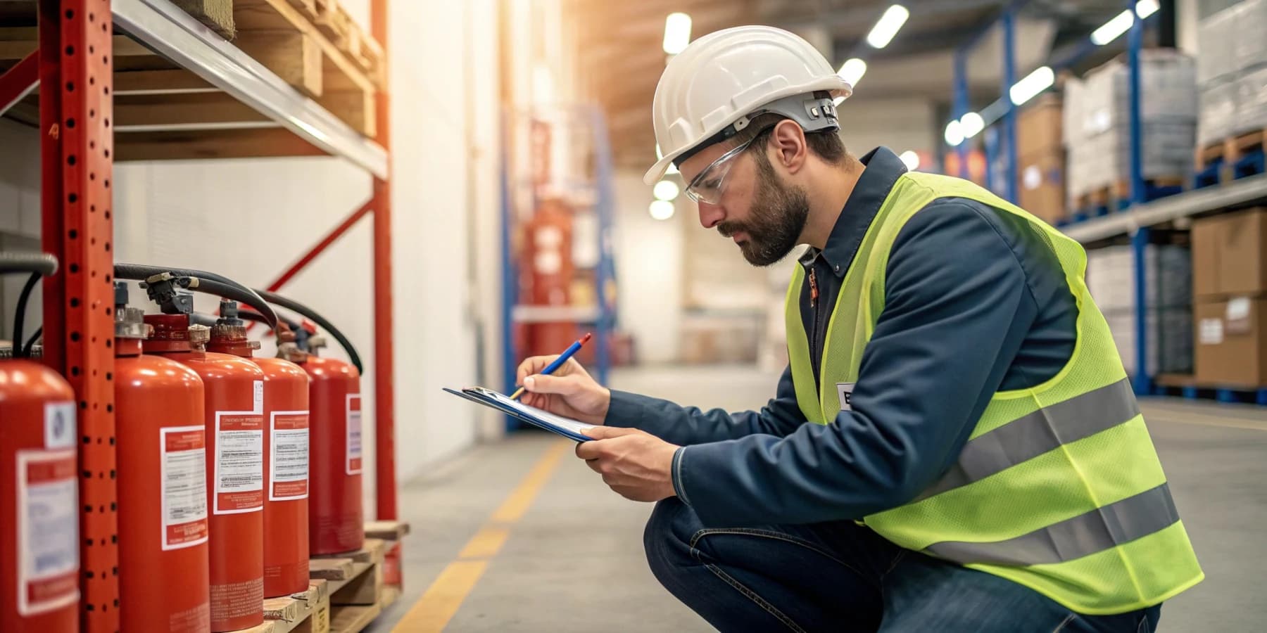 Fire safety technician inspecting fire protection equipment