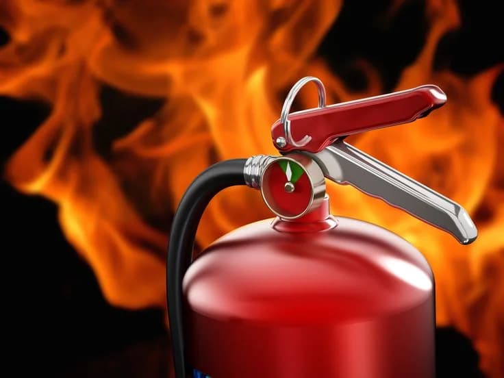 Fire extinguisher in front of flames