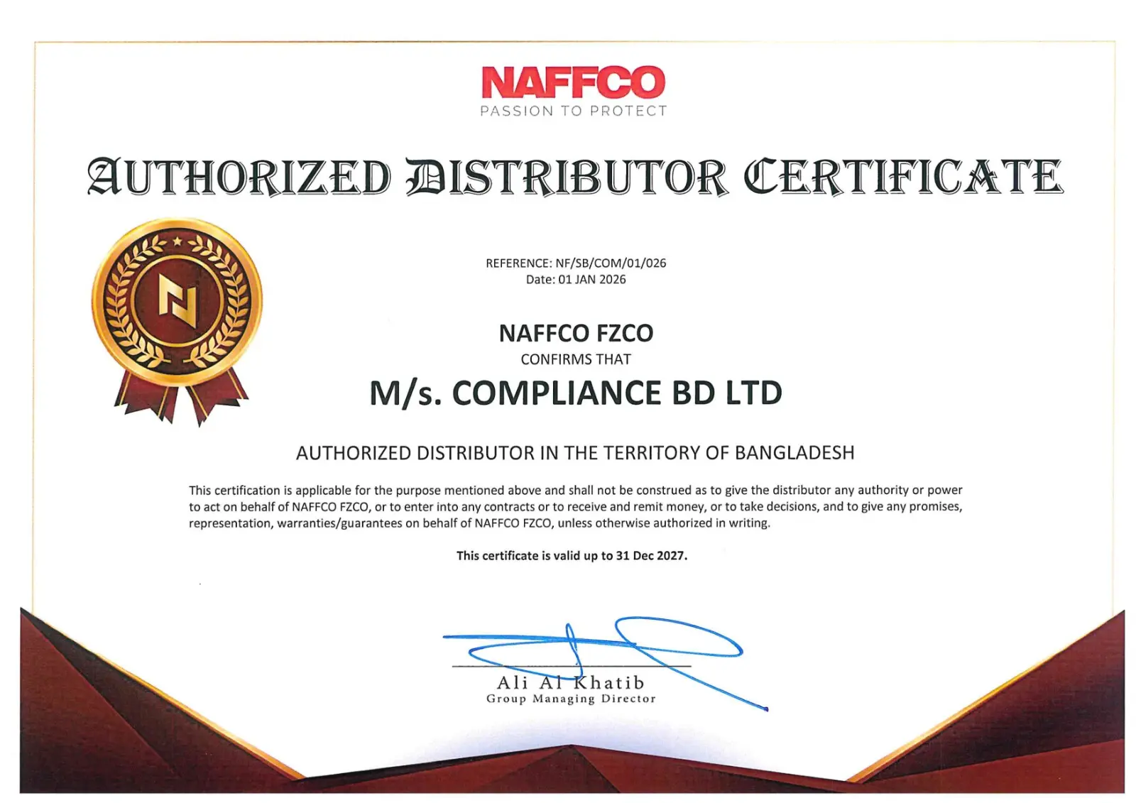 NAFFCO FZCO Authorized Distributor Certificate for M/s. COMPLIANCE BD LTD in Bangladesh, reference NF/SB/COM/01/026, issued 1 January 2026, valid through 31 December 2027
