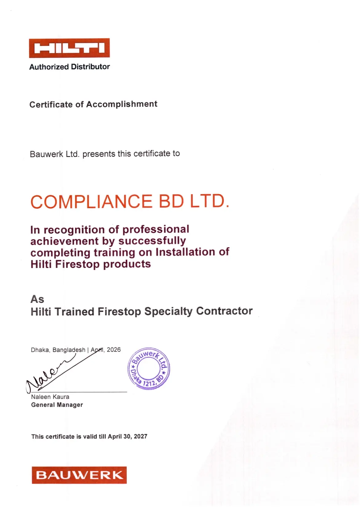 Bauwerk Ltd. Hilti Certificate of Accomplishment for COMPLIANCE BD LTD., Hilti Trained Firestop Specialty Contractor, Dhaka, April 2026, valid until 30 April 2027